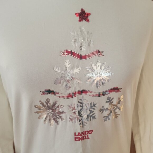 Lands End Womens Long Sleeve Christmas Tree Snowflake Design Sm  Sequin - Picture 2 of 7